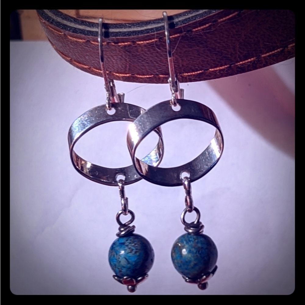 Handmade Imperial Jasper Gemstone & Flattened Silver Rings Dangle Earrings